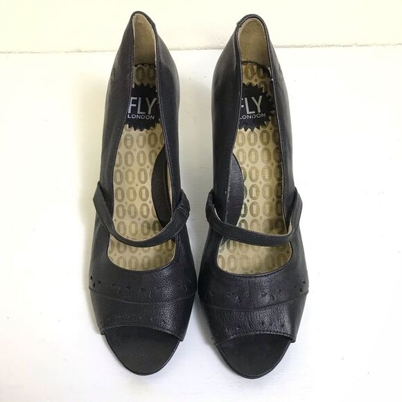 Fly London Black Leather Peep Toe 3” Heels size 41 (10/10.5) - Picture 3 of 15